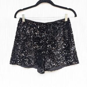 Mango MNG Black Sequin High Waist Straight Mini Shorts, size S